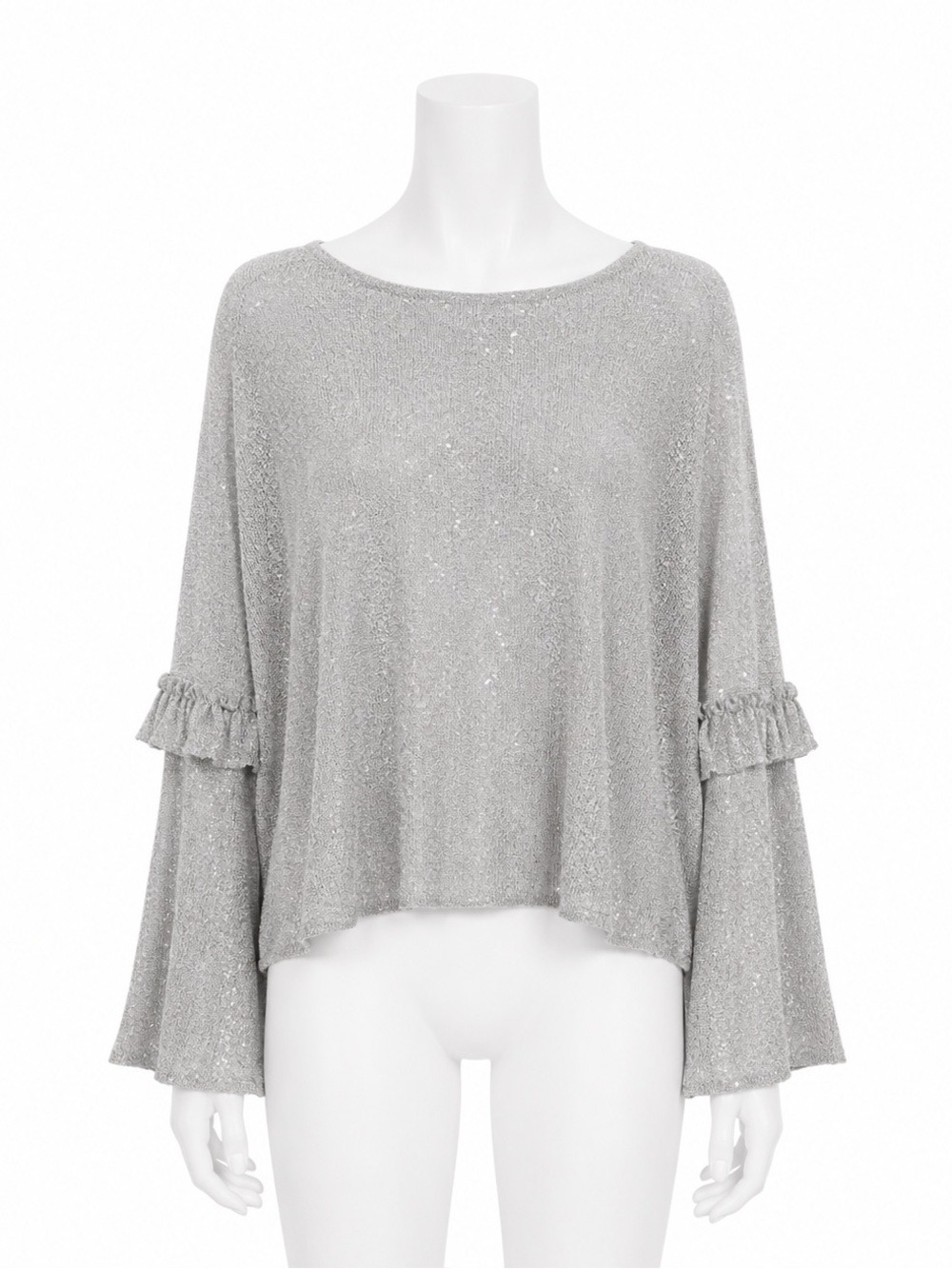 ZARA Knitwear Grey Silver Sparkle Bell Sleeve Blouse Metallic Medium NWT
